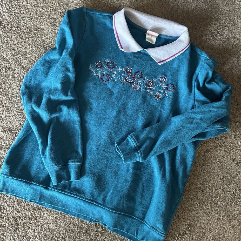 Adrian Delafield Cottagecore Small Blue Floral Embroidered Pullover Sweater Cozy